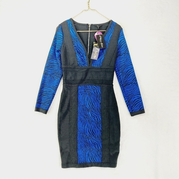 Wow Gold Label Blue & Black Zebra V Neck Bodycon Dress 183 - Picture 1 of 8
